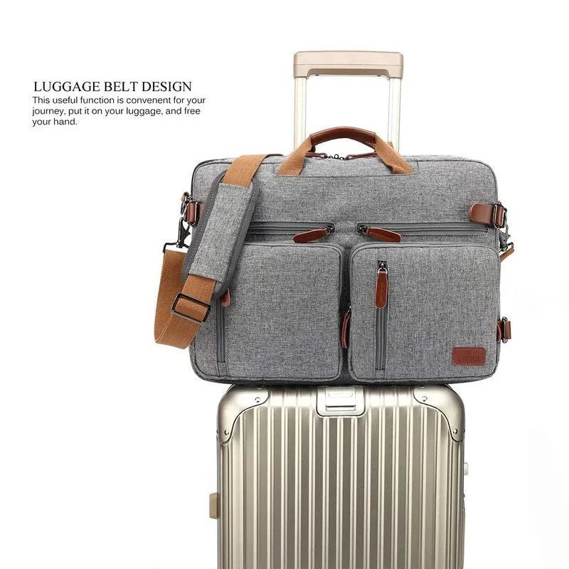 Convertible Laptop Briefcase Backpack - Genuine Leather Details | 15.6 Inch | Grey
