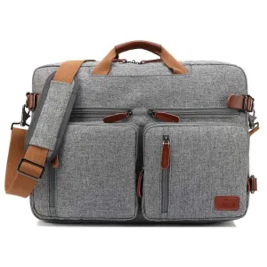 Convertible Laptop Briefcase Backpack - Genuine Leather Details | 15.6 Inch | Grey