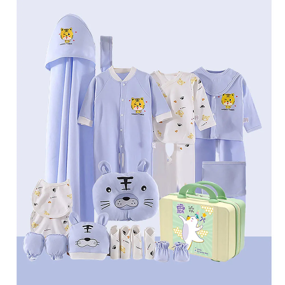 Little Surprise Box 21 Pcs Baby Blue Tiger Newborn Baby Girl/ Boy All Season Wear Gift Hamper With Suitcase