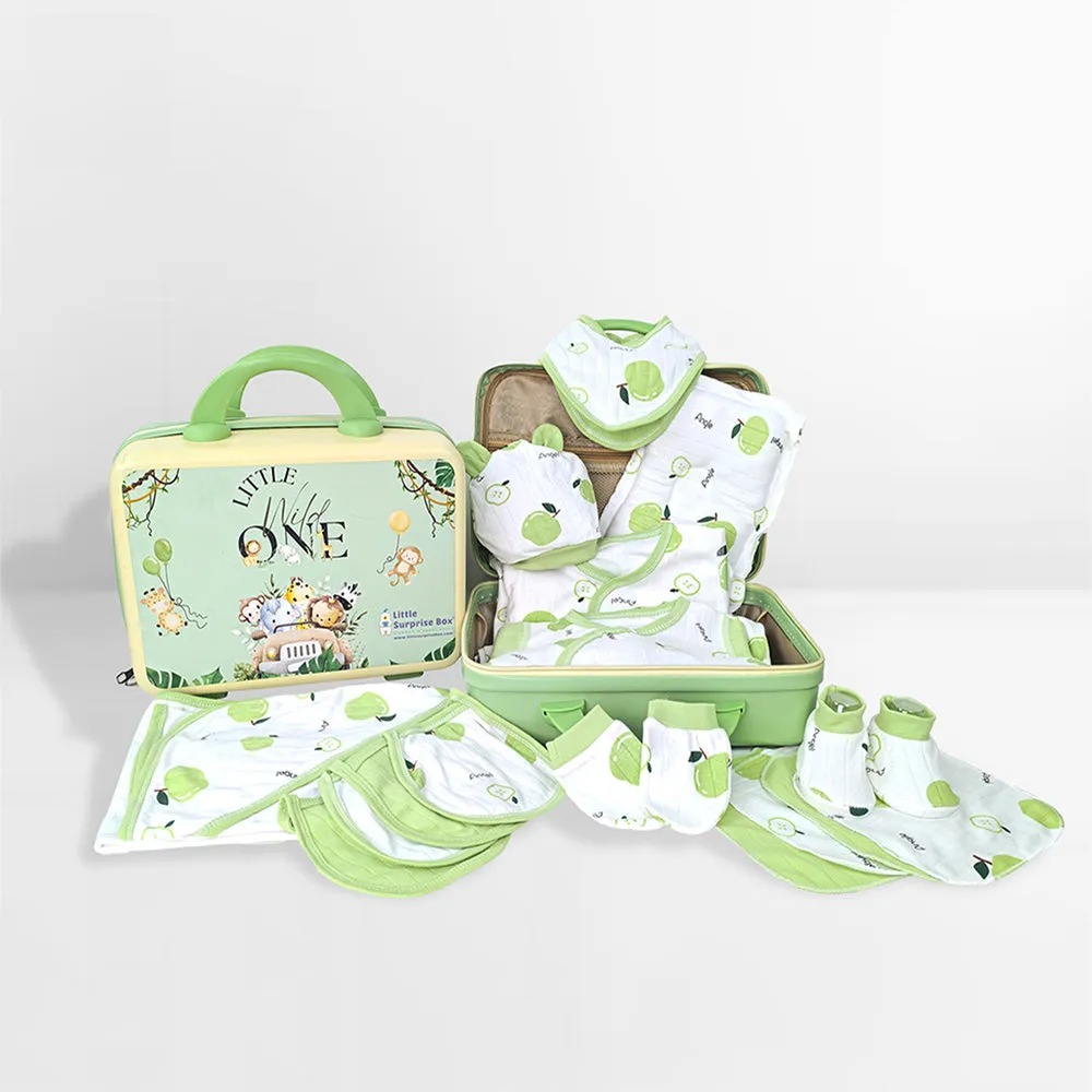Little Surprise Box 25 Pcs Green Apple Newborn Baby Girl/ Boy All Season Wear Gift Hamper With Suitcase