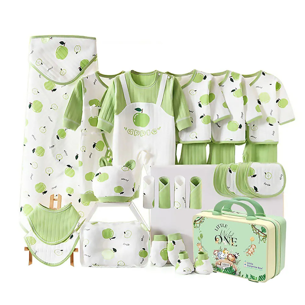 Little Surprise Box 25 Pcs Green Apple Newborn Baby Girl/ Boy All Season Wear Gift Hamper With Suitcase