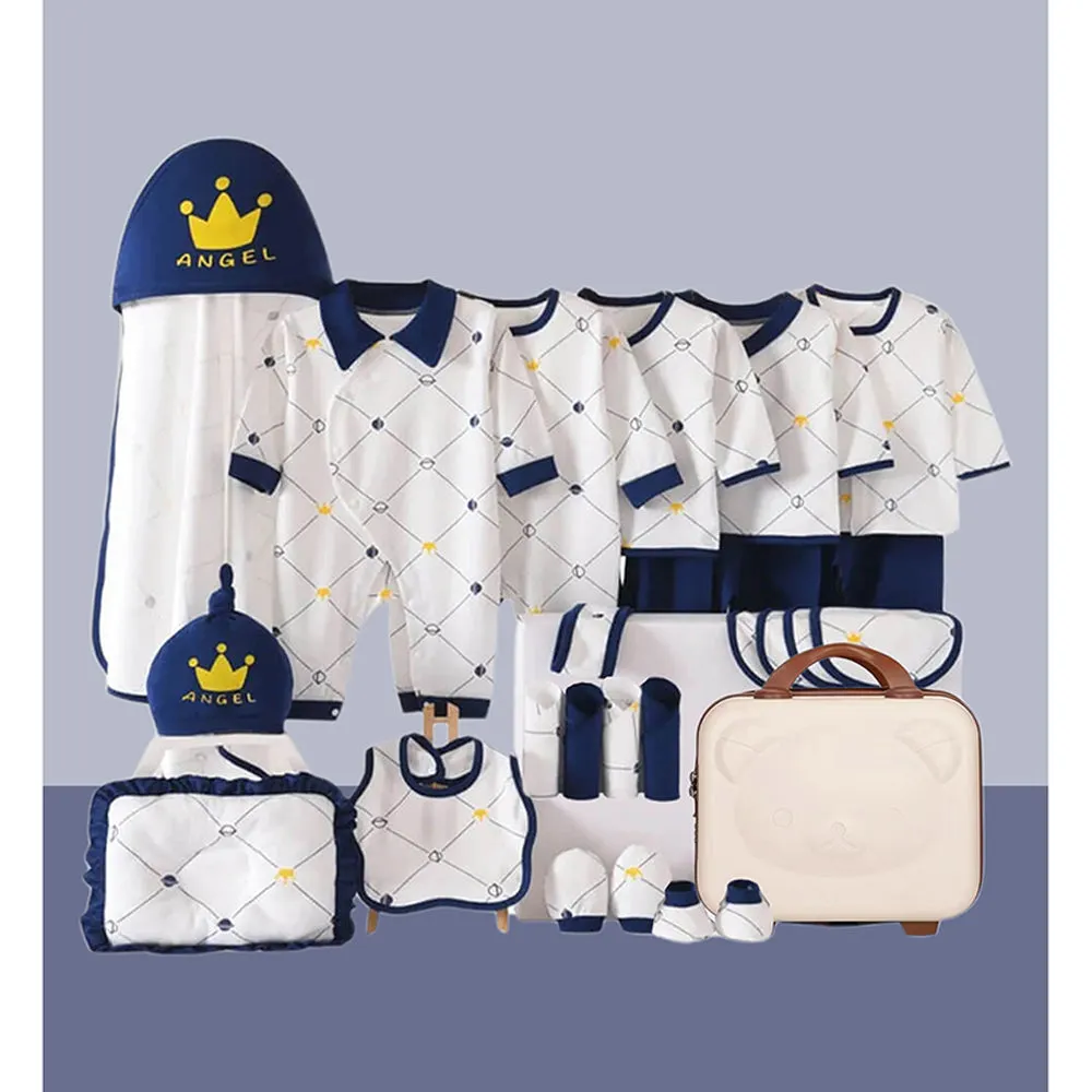 Little Surprise Box 26 Pcs Blue Crown Newborn Baby Girl/ Boy All Season Wear Gift Hamper With Suitcase
