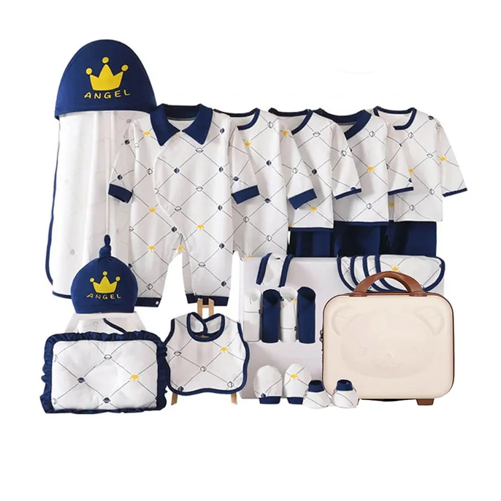 Little Surprise Box 26 Pcs Blue Crown Newborn Baby Girl/ Boy All Season Wear Gift Hamper With Suitcase