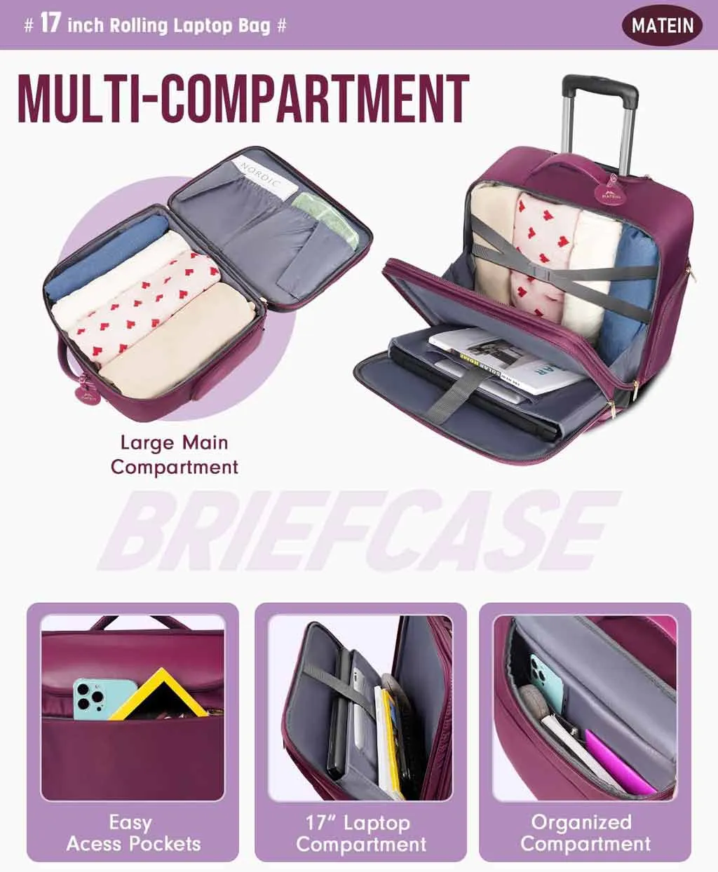 Matein Laptop Roller Bag with 3 Packing Cubes