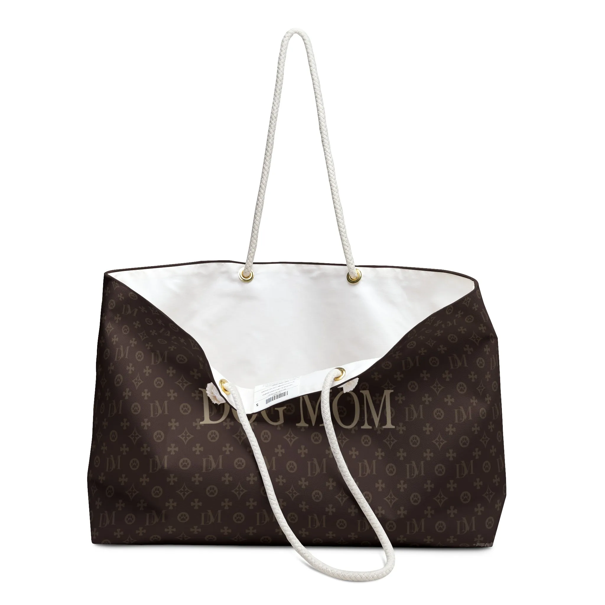 Signature "DM" Pattern Brown Large Tote With Stylized DOG MOM Text