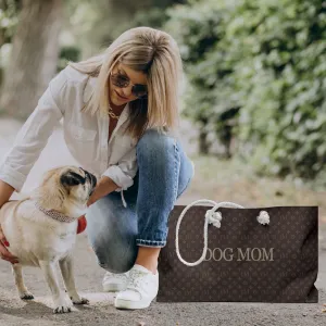 Signature "DM" Pattern Brown Large Tote With Stylized DOG MOM Text