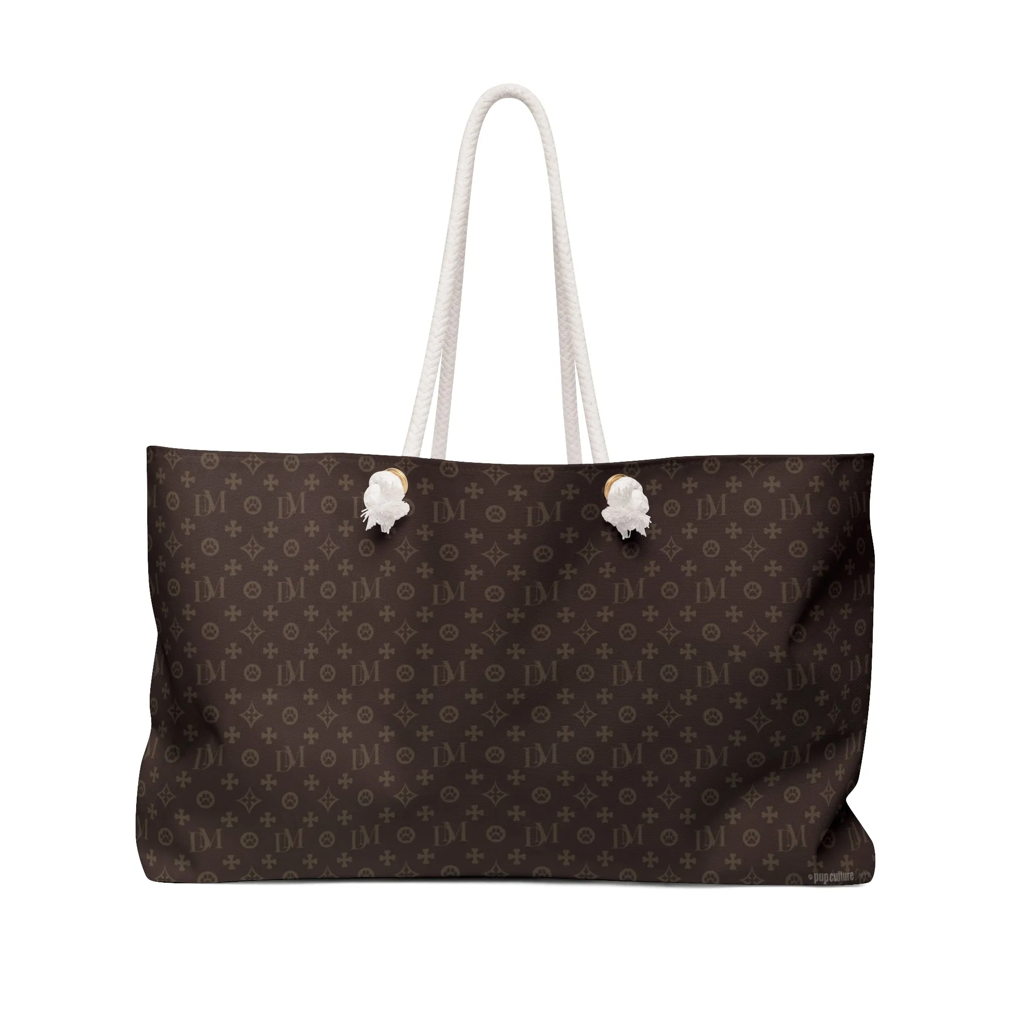 Signature "DM" Pattern Brown Large Tote With Stylized DOG MOM Text