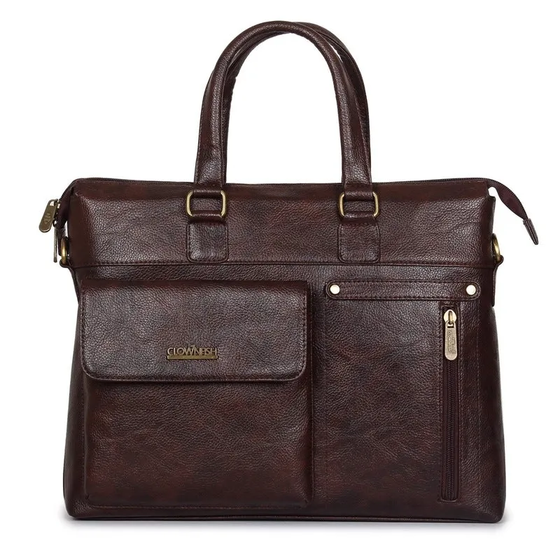 Single: Laptop Briefcase with Faux Leather Design | Adjustable Shoulder Strap | 14 inch | Dark Brown