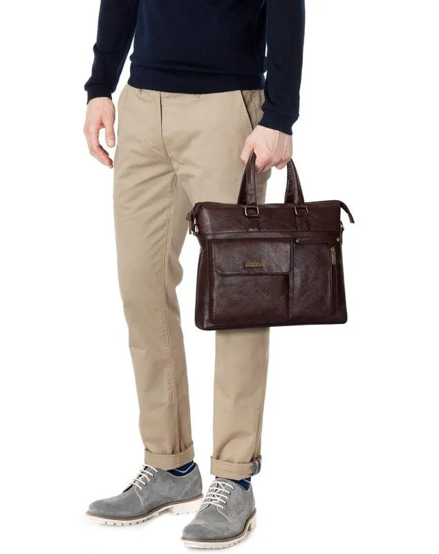 Single: Laptop Briefcase with Faux Leather Design | Adjustable Shoulder Strap | 14 inch | Dark Brown