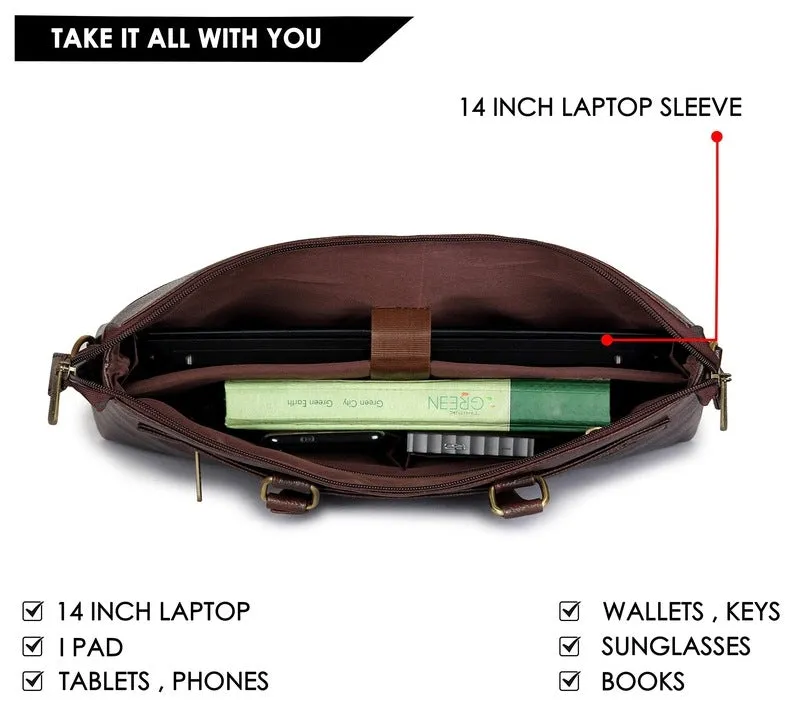 Single: Laptop Briefcase with Faux Leather Design | Adjustable Shoulder Strap | 14 inch | Dark Brown