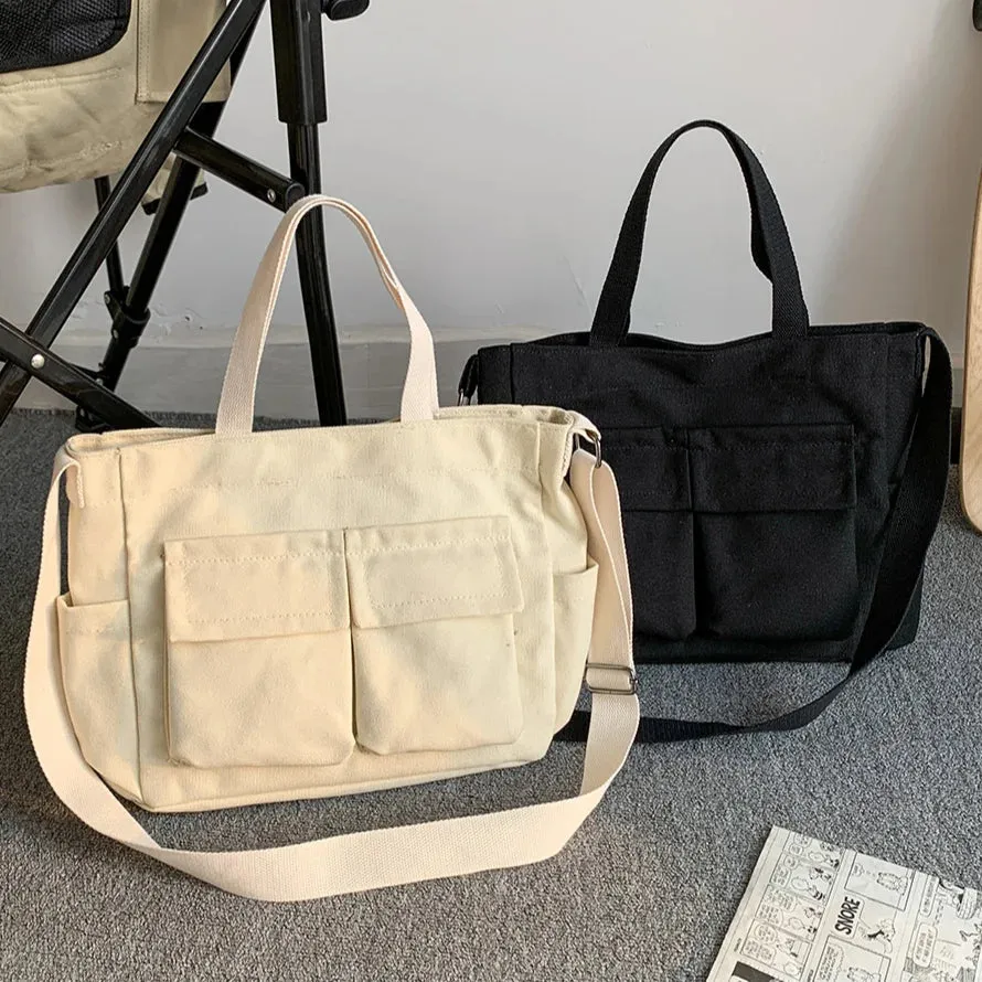 Sohiwoo Vintage Ladies Shoulder Bag New Canvas Simple Messenger Bag Women Multi Pocket Satchel Large Capacity Casual Crossbody Bags
