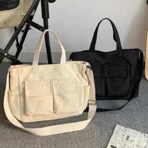 Sohiwoo Vintage Ladies Shoulder Bag New Canvas Simple Messenger Bag Women Multi Pocket Satchel Large Capacity Casual Crossbody Bags