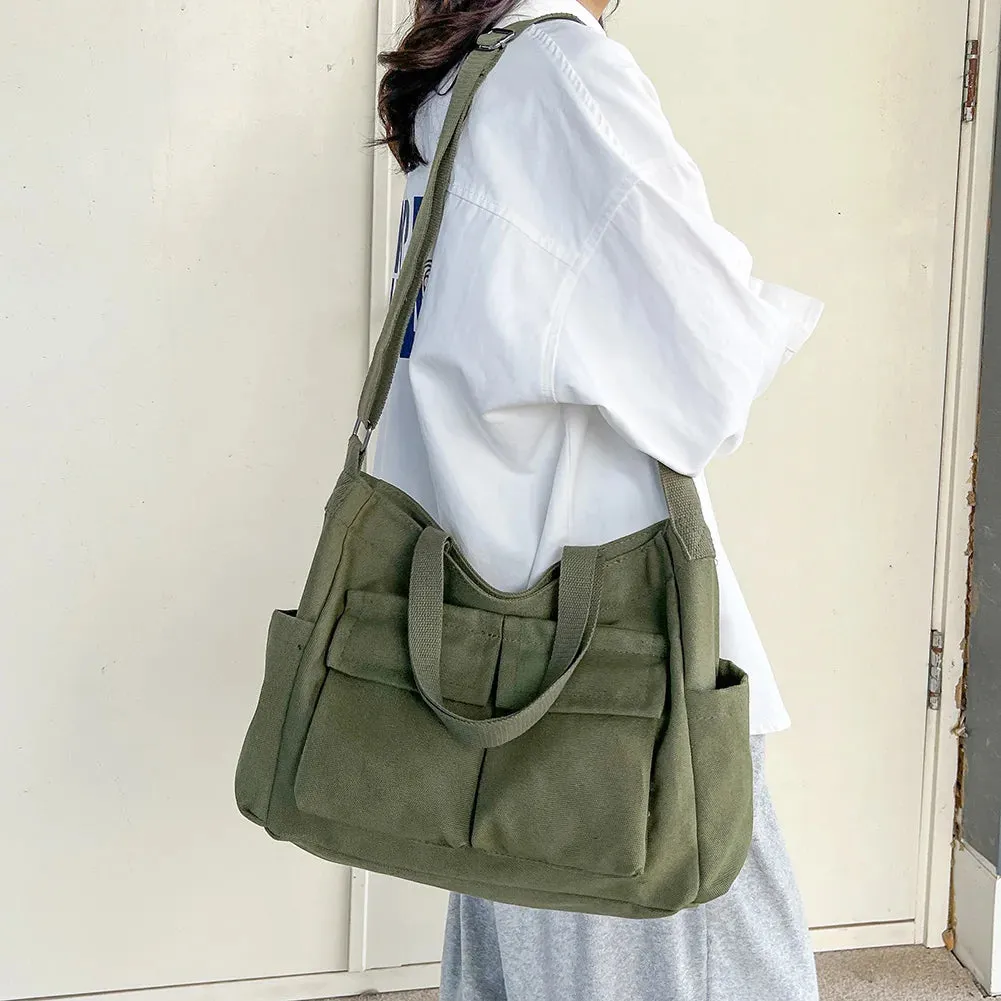 Sohiwoo Vintage Ladies Shoulder Bag New Canvas Simple Messenger Bag Women Multi Pocket Satchel Large Capacity Casual Crossbody Bags