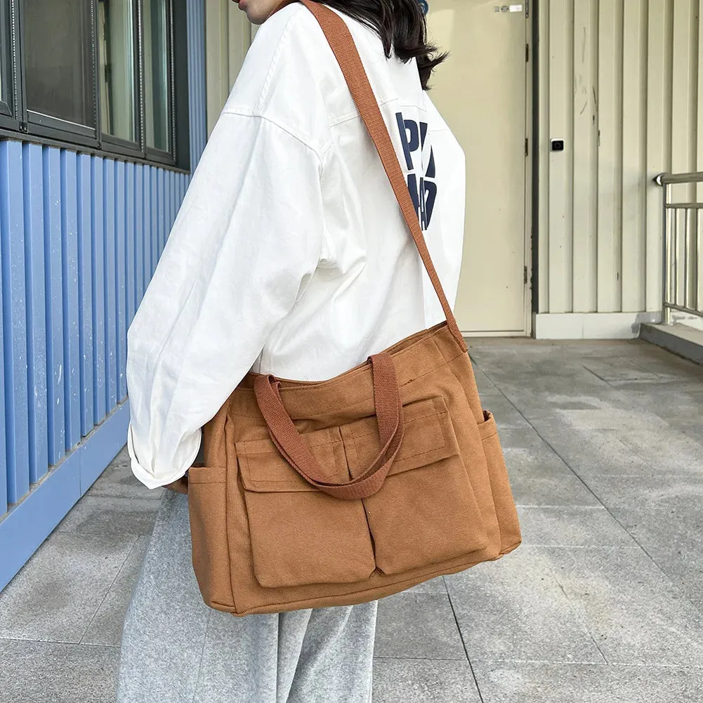 Sohiwoo Vintage Ladies Shoulder Bag New Canvas Simple Messenger Bag Women Multi Pocket Satchel Large Capacity Casual Crossbody Bags