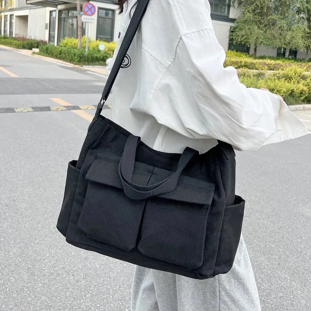 Sohiwoo Vintage Ladies Shoulder Bag New Canvas Simple Messenger Bag Women Multi Pocket Satchel Large Capacity Casual Crossbody Bags