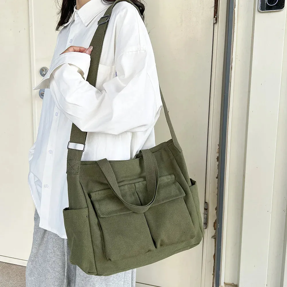 Sohiwoo Vintage Ladies Shoulder Bag New Canvas Simple Messenger Bag Women Multi Pocket Satchel Large Capacity Casual Crossbody Bags