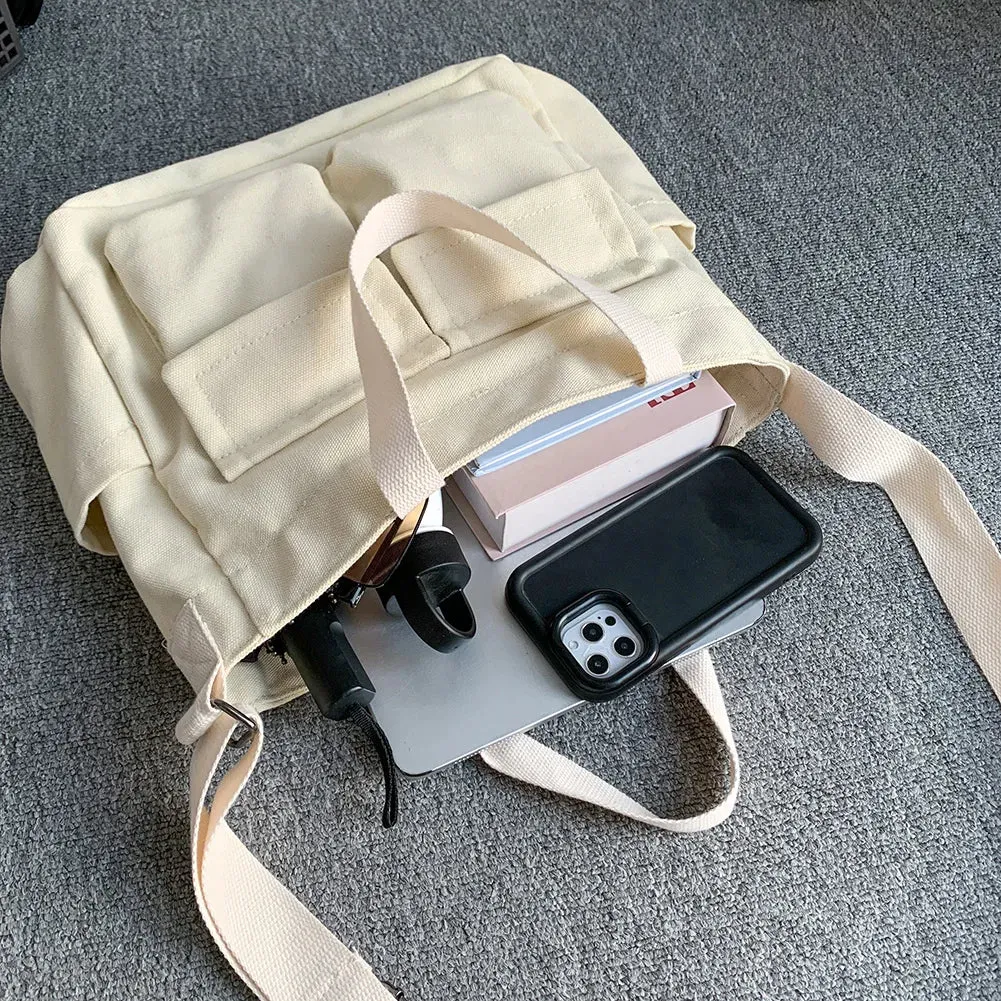 Sohiwoo Vintage Ladies Shoulder Bag New Canvas Simple Messenger Bag Women Multi Pocket Satchel Large Capacity Casual Crossbody Bags