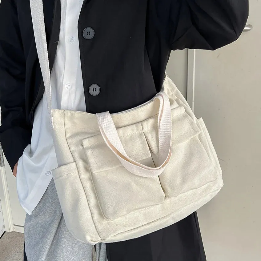 Sohiwoo Vintage Ladies Shoulder Bag New Canvas Simple Messenger Bag Women Multi Pocket Satchel Large Capacity Casual Crossbody Bags