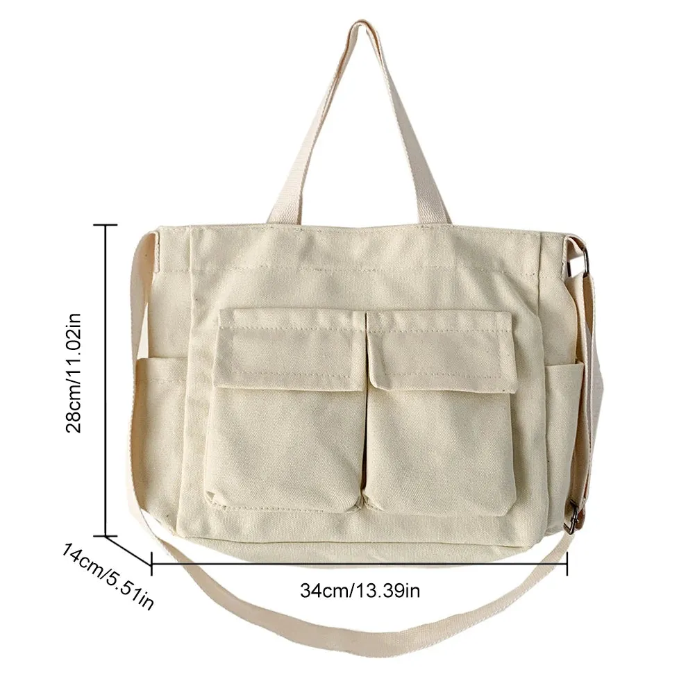 Sohiwoo Vintage Ladies Shoulder Bag New Canvas Simple Messenger Bag Women Multi Pocket Satchel Large Capacity Casual Crossbody Bags