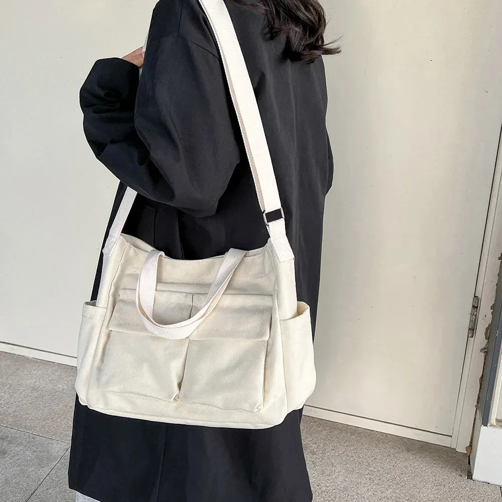 Sohiwoo Vintage Ladies Shoulder Bag New Canvas Simple Messenger Bag Women Multi Pocket Satchel Large Capacity Casual Crossbody Bags